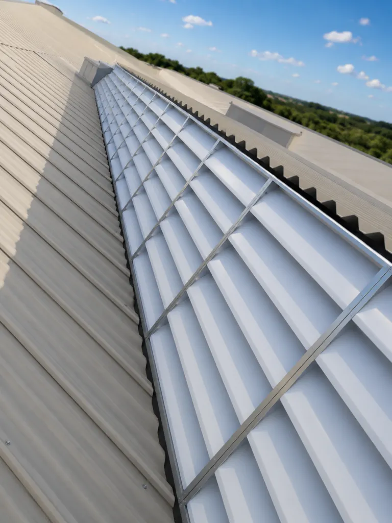 Lanternim industrial instalado na cobertura de um galpão, permitindo a exaustão natural do ar quente, ventilação natural, iluminação natural e conforto térmico.