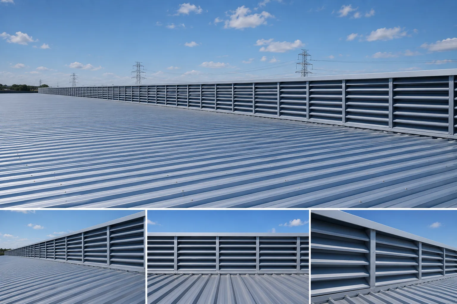 Lanternim instalado na cobertura de galpão industrial, promovendo ventilação natural, exaustão do ar quente e iluminação natural para maior conforto térmico e eficiência energética.