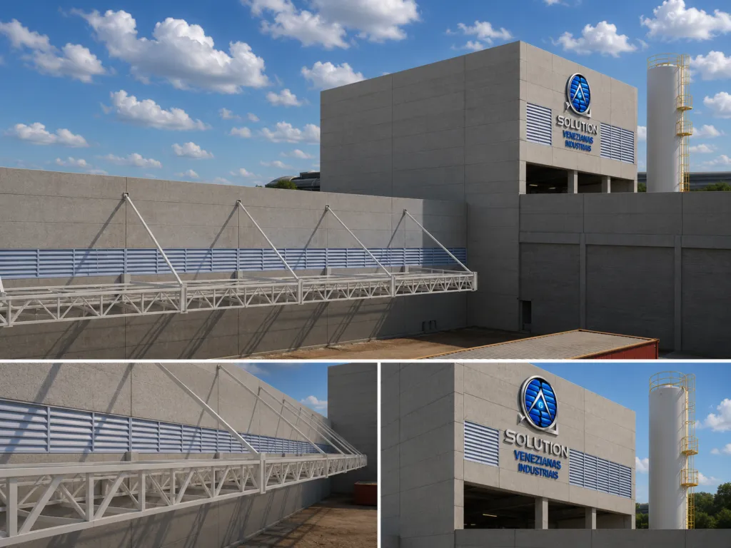 Veneziana Industrial No Seu Dia a Dia instalada em galpão industrial, proporcionando ventilação natural, conforto térmico e melhor circulação de ar para um ambiente mais produtivo.