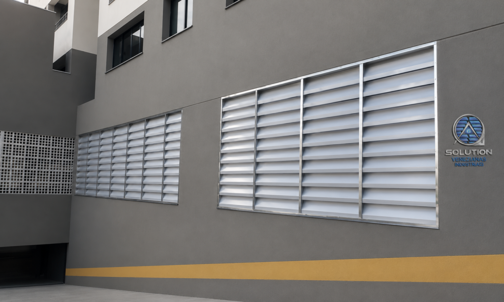 Veneziana Industrial No Seu Dia A Dia Veneziana Industrial No Seu Dia a Dia instalada em galpão industrial, proporcionando ventilação natural, conforto térmico e melhor circulação de ar para o ambiente de trabalho.