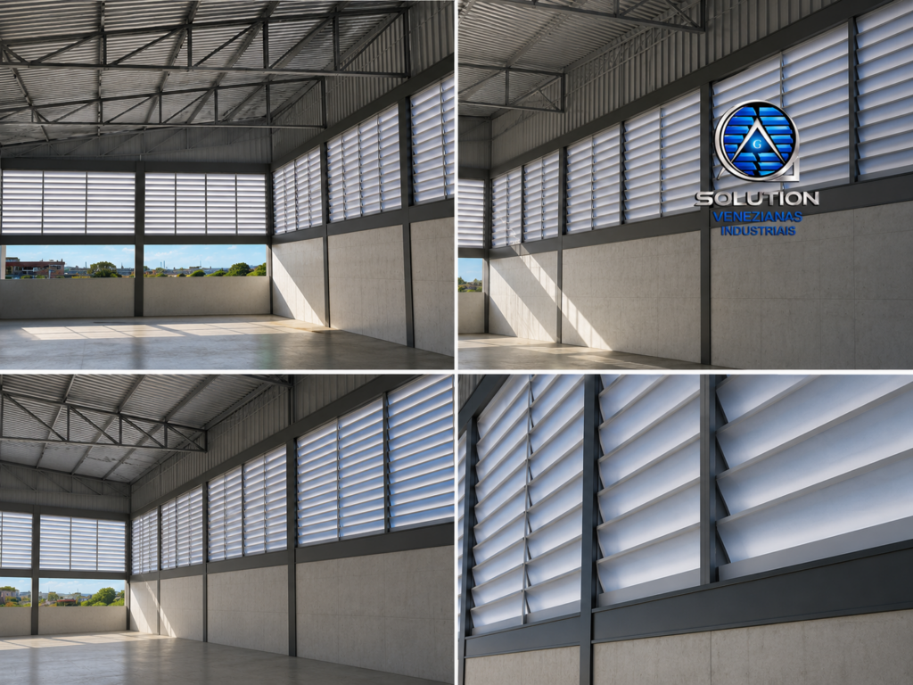 Veneziana Industrial Melhor Opção instalada em galpão industrial, oferecendo ventilação eficiente, conforto térmico e excelente acabamento para ambientes industriais.