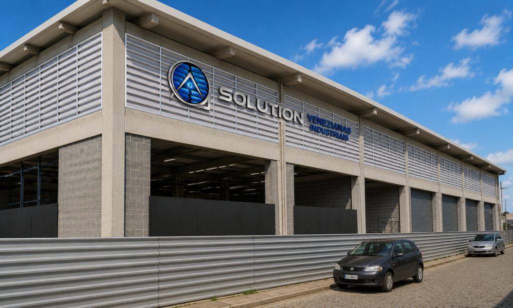 Veneziana Industrial em Grandes Obras instalada em galpão de grande porte, oferecendo ventilação natural, conforto térmico e eficiência para ambientes industriais.