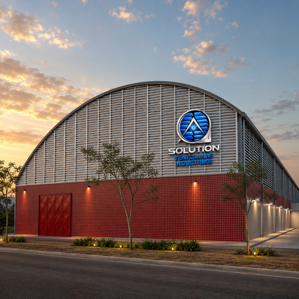 Veneziana Industrial Em Grandes Obras da Solution: Ventilação eficiente e design moderno para grandes construções Veneziana Industrial Em Grandes Obras instalada em estrutura de galpão, oferecendo ventilação natural, eficiência térmica e desempenho ideal para projetos industriais de grande porte.