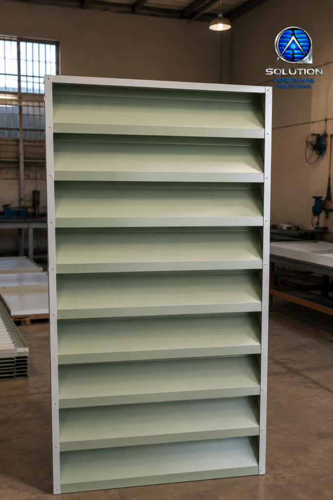 Veneziana Industrial Luz Constante instalada em galpão industrial, proporcionando iluminação natural contínua, ventilação eficiente e conforto térmico no ambiente.