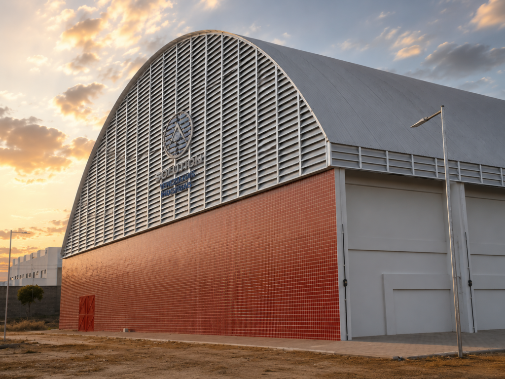 Veneziana Industrial Para Iluminação Natural instalada em galpão industrial, permitindo entrada de luz natural e melhor ventilação no ambiente.