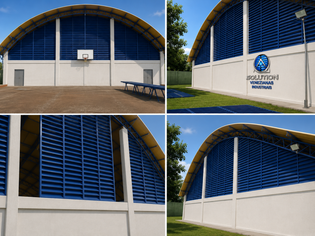 Veneziana Industrial Em Destaque instalada em galpão moderno, proporcionando ventilação natural, conforto térmico e acabamento funcional para ambientes industriais.