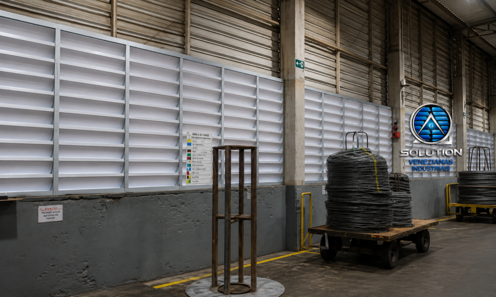 Veneziana Industrial Luz Eficiente Veneziana Industrial Luz Eficiente instalada em galpão industrial, proporcionando ventilação natural, entrada equilibrada de luz e maior conforto térmico no ambiente.