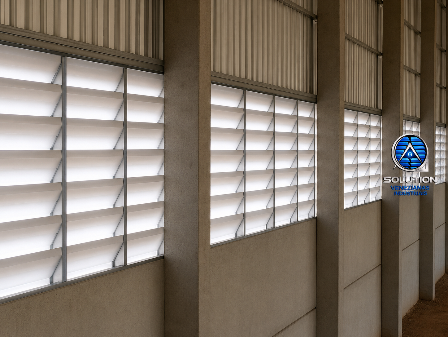 Veneziana Industrial Conforto Natural instalada em galpão industrial, proporcionando ventilação contínua, iluminação equilibrada e melhor conforto térmico no ambiente.