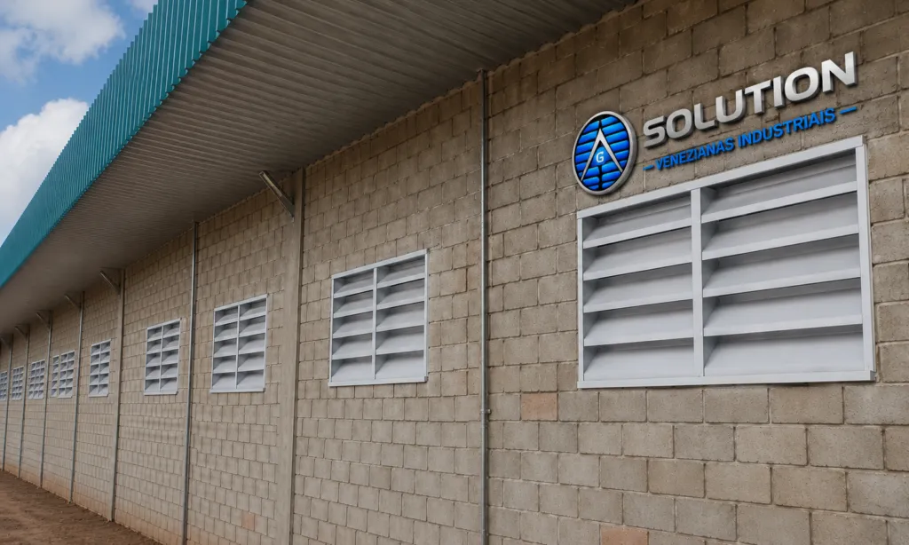 Veneziana Industrial Qualidade Real Veneziana Industrial Qualidade Real instalada em galpão industrial, oferecendo ventilação eficiente, resistência e acabamento moderno para ambientes industriais.