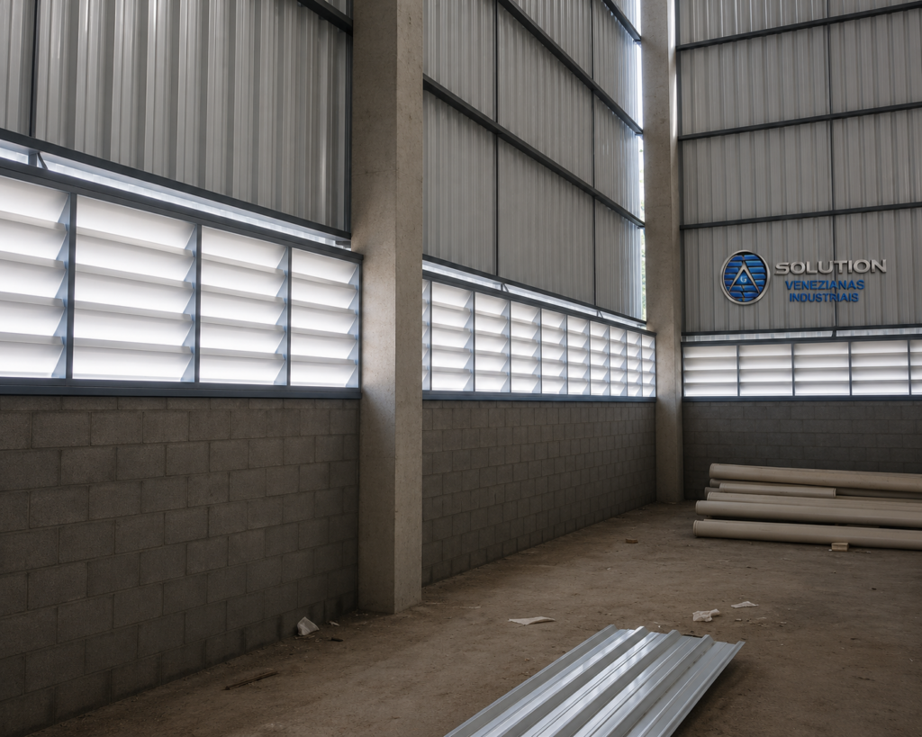 Veneziana Industrial em destaque no projeto de galpão moderno, oferecendo ventilação natural, conforto térmico e acabamento funcional para ambientes industriais.