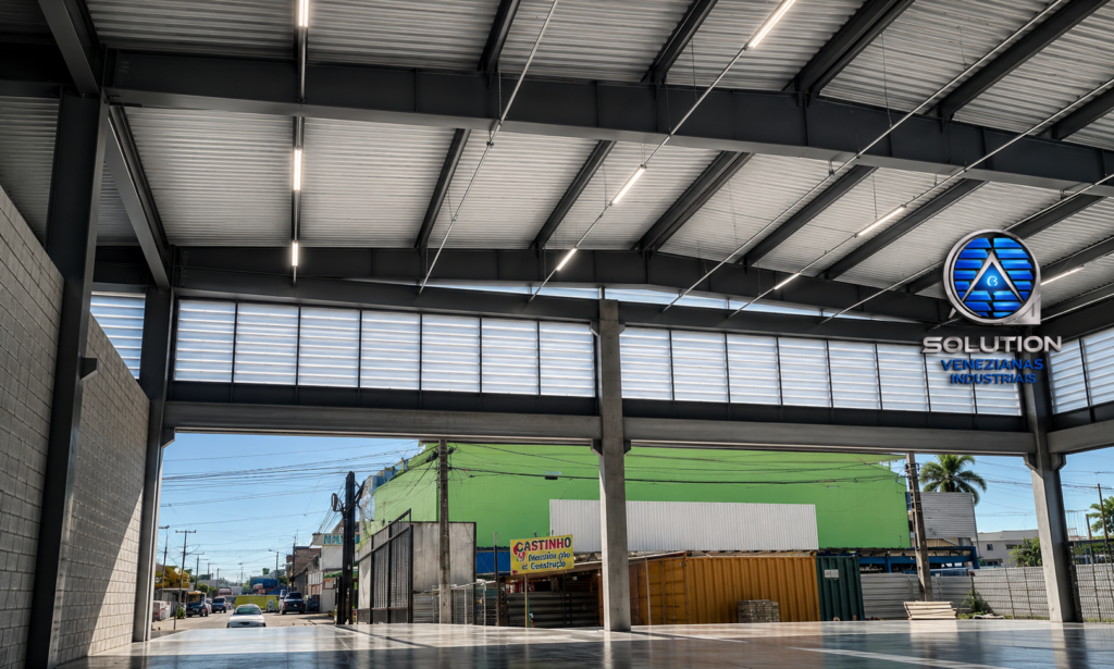 Veneziana Industrial Luz no Ambiente instalada em galpão industrial, proporcionando iluminação natural, ventilação eficiente e mais conforto térmico no espaço.
