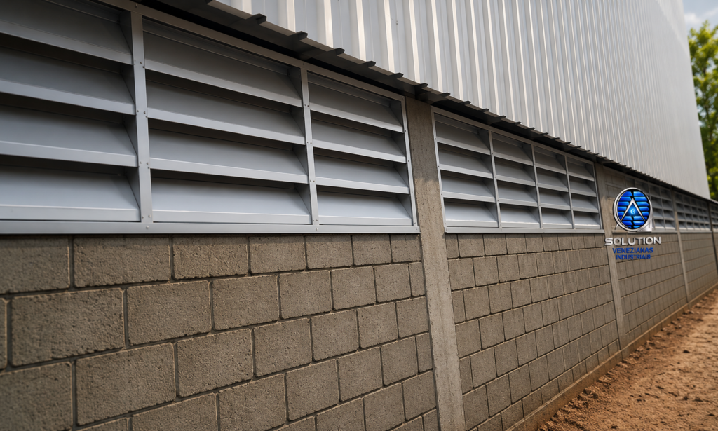 Veneziana Industrial Luz no Ambiente instalada em galpão industrial, proporcionando entrada de iluminação natural, ventilação eficiente e maior conforto térmico.