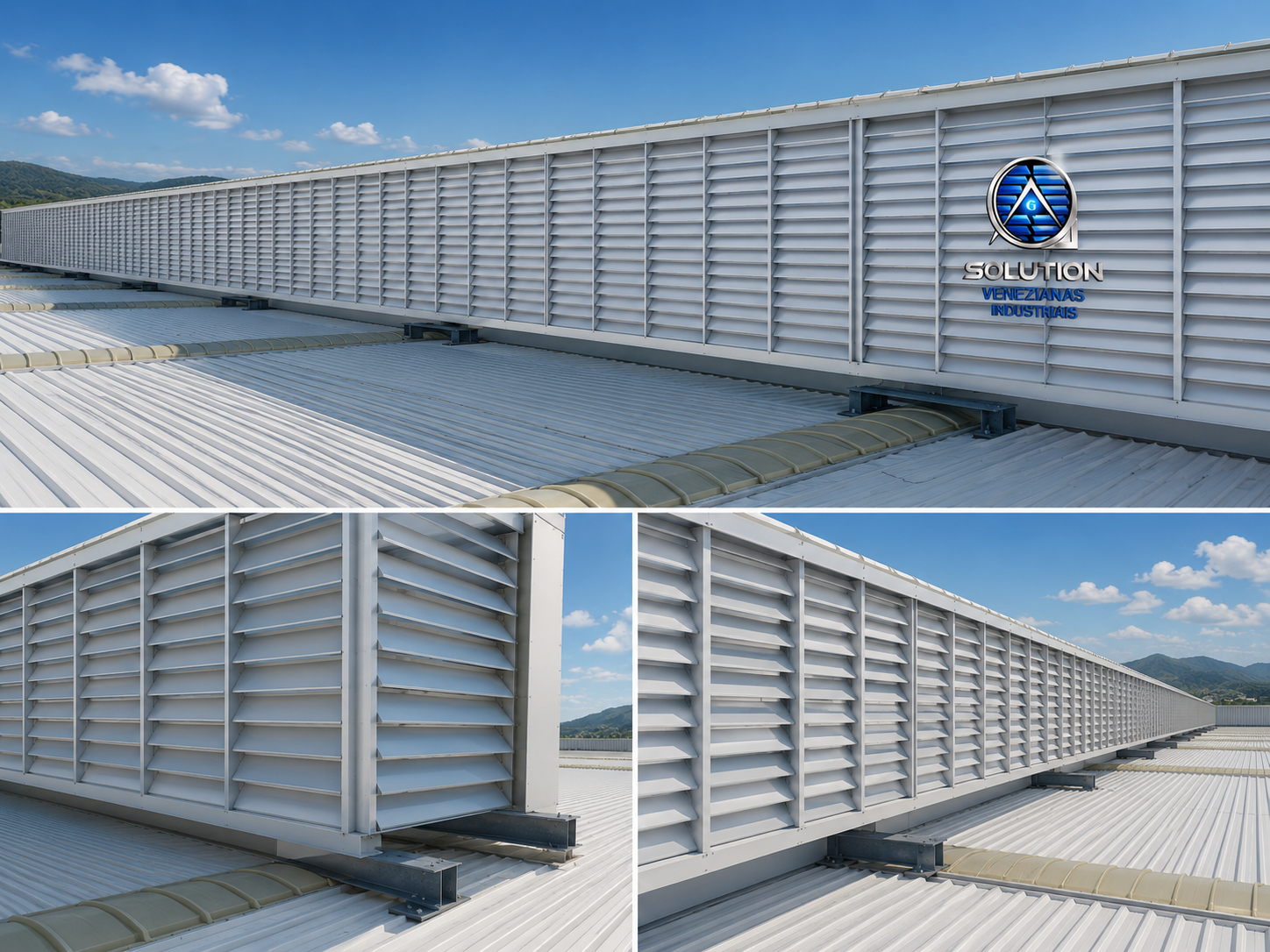 Veneziana Industrial Luz no Ambiente instalada em galpão industrial, proporcionando iluminação natural, ventilação eficiente e mais conforto térmico no espaço.