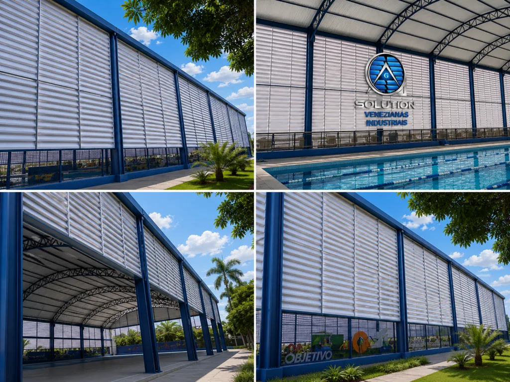 Veneziana Industrial Policarbonato instalada em galpão industrial, oferecendo ventilação natural, entrada de luz e alta resistência para ambientes industriais.
