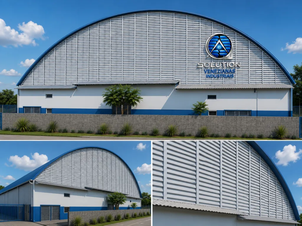 Veneziana Industrial Ar Renovador instalada em galpão industrial, promovendo renovação contínua do ar, ventilação eficiente e maior conforto térmico no ambiente.