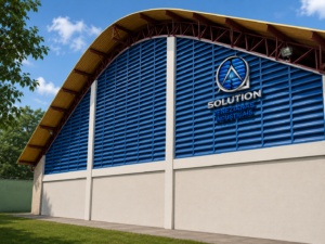Detalhe das Venezianas Industriais Ventilação e Claridade instaladas em estrutura industrial para renovação do ar e entrada de luz.