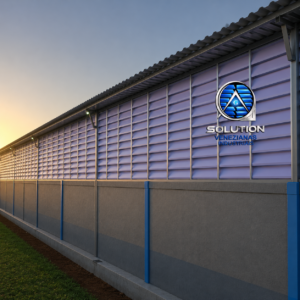 Venezianas Industriais Ventilação e Claridade aplicadas em fachada industrial, promovendo iluminação natural e conforto térmico.