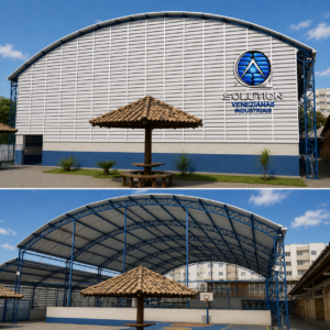 Fachada Galpão Industrial em estrutura metálica com venezianas industriais para ventilação e iluminação natural.