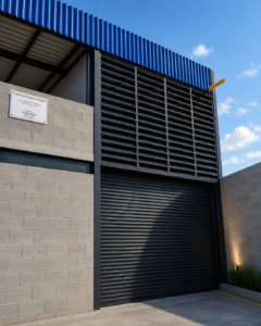 Venezianas Industriais Ventilação e Claridade instaladas em fachada metálica de indústria, favorecendo ventilação e iluminação natural.