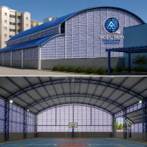 Detalhe de Venezianas Industriais para Ginásio instaladas em estrutura metálica, garantindo ventilação eficiente e conforto térmico.