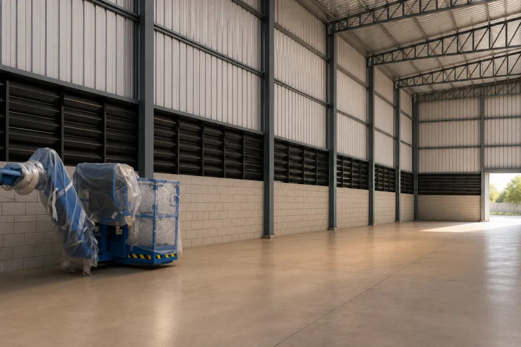 Como funciona uma veneziana industrial instalada em galpão, permitindo a entrada e saída de ar, renovação do ambiente, ventilação natural e melhor conforto térmico.